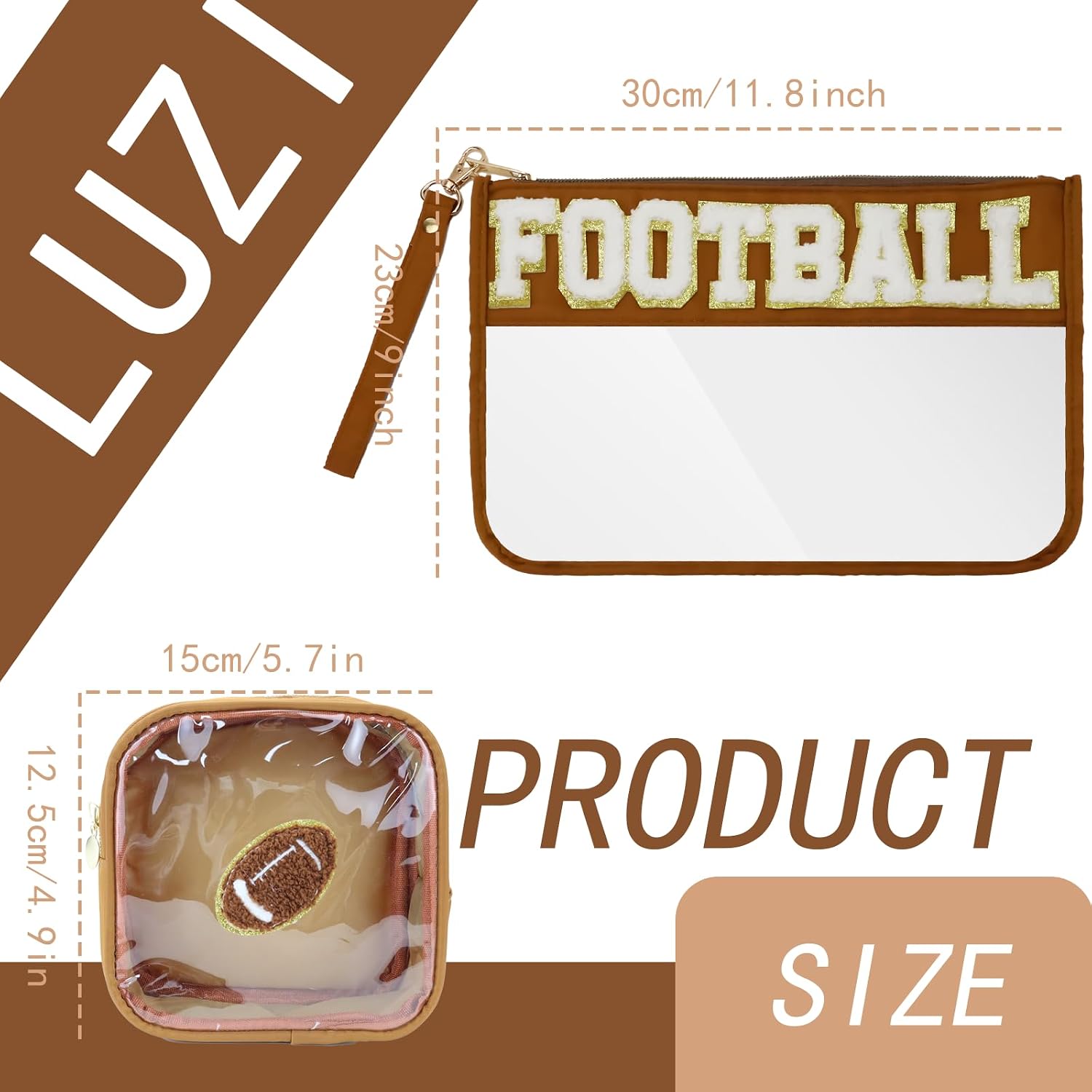 2 Pcs Football Gifts Makeup Bag with Chenille Letter Patch,with Handles PVC Waterproof Clear Makeup Bag,Portable Toiletry Storage Bag,Players & Fans Birthday, Team or Sports Lover Presents image 2