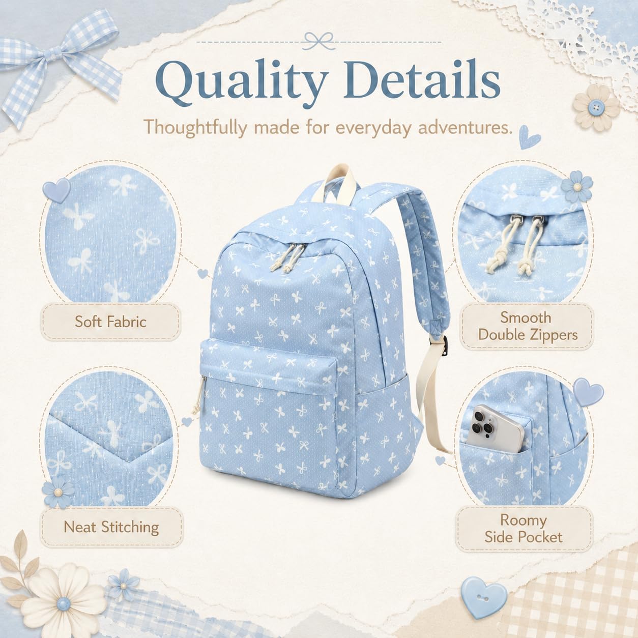 LEDAOU Backpack for Teen Girls Lightweight Kids Bookbag for Elementary Middle High School College Women Laptop Casual Daypack (Bow-Blue)