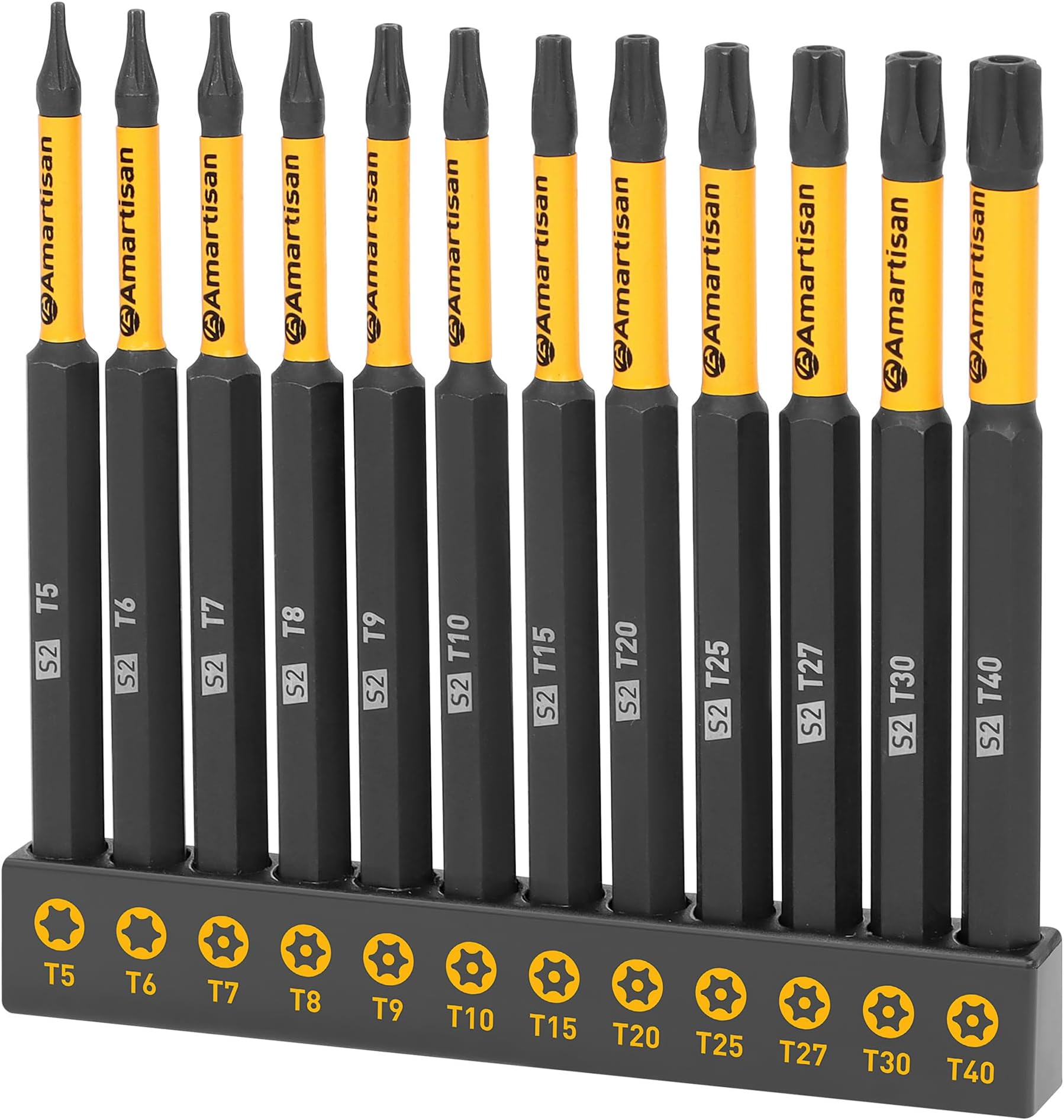 Amartisan 12-Piece Torx Bit Set, S2 Steel, 4" Long T5 - T40, Security, Tamper Resistant Fastener Drive Bit