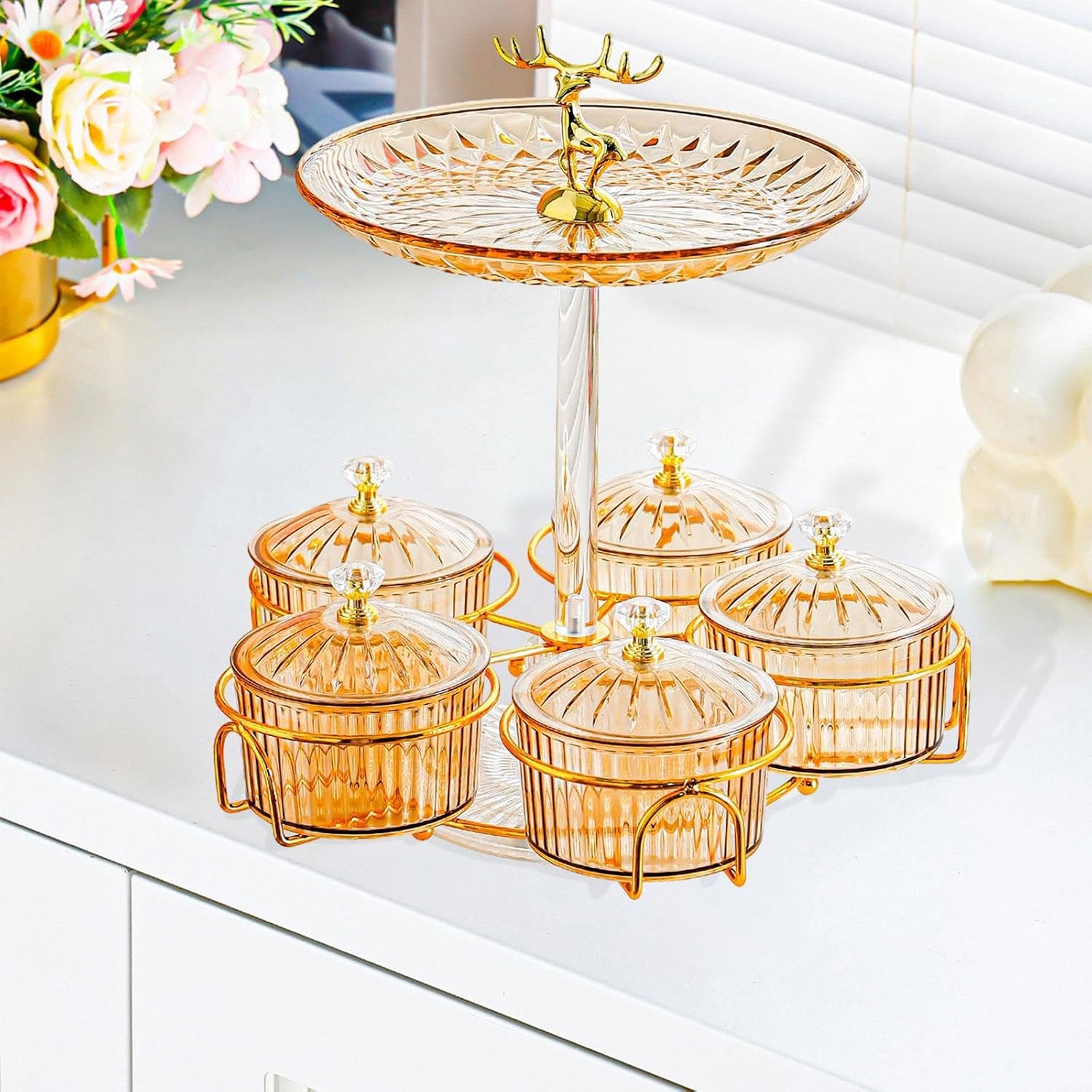 Rotating Serving Tray Two Stack Cookie Platter Cupcake Stand Dessert Plate Equipped with Boxes PP Material Suitable for Celebration Events, Brown