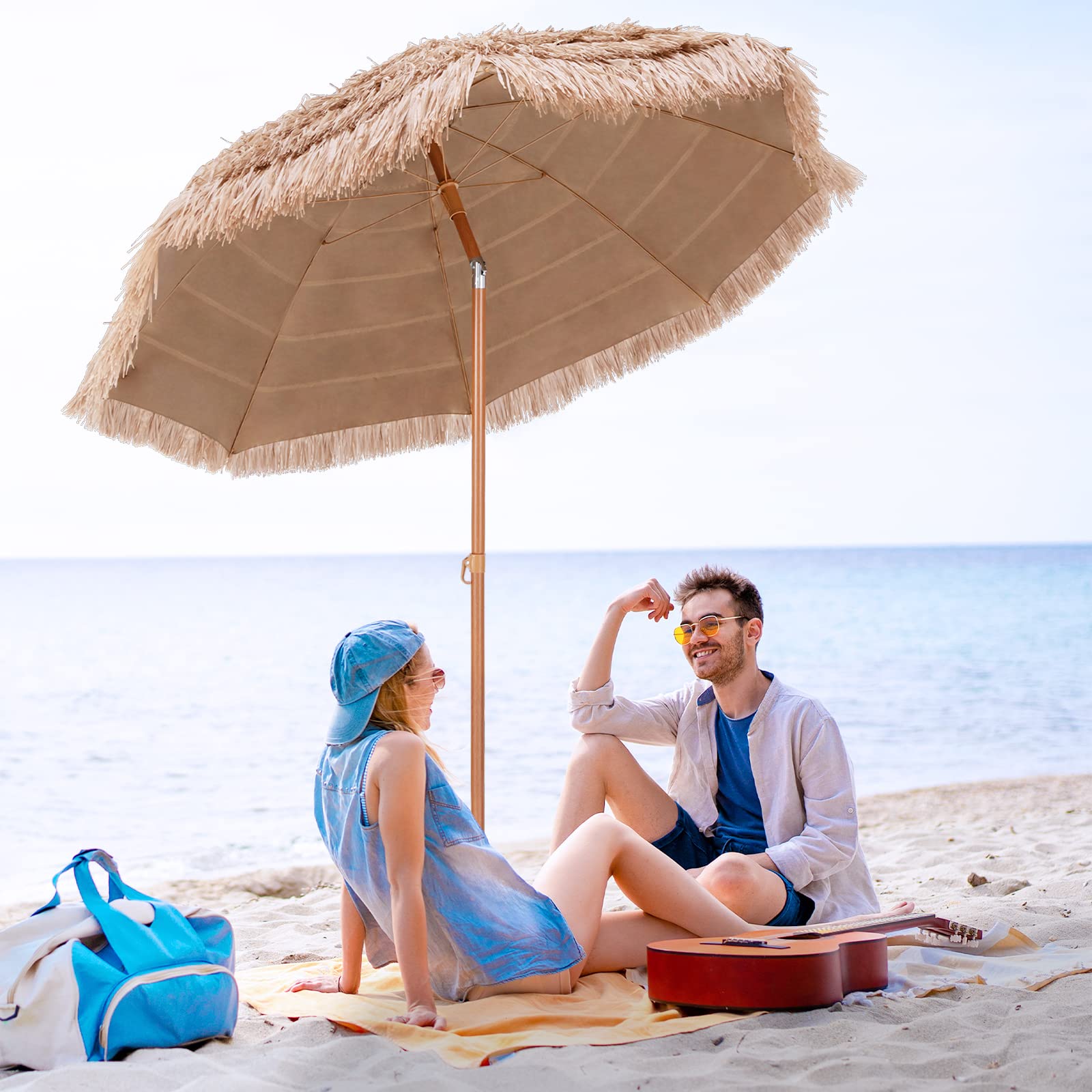 COSTWAY Parasol de Jardin Exterieur Ø220 cm, Parasol Balcon Solaire en Paille PP à 7 Couches, Style Hawaïen Exotique, 30° Inclinaison Réglable et Manivelle, 8 Baleines, pour Jardin Plage Piscine