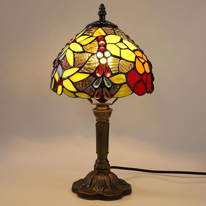 tuomoxte Tiffany Small Table Lamp for Bedroom Set of 2,Bedside Nightstand Lamp Rose Flower Grape Stained Glass Table Lamps for Living Room,3 Color Temperature Home Office Desk Lamp+LED Bulb photo 5