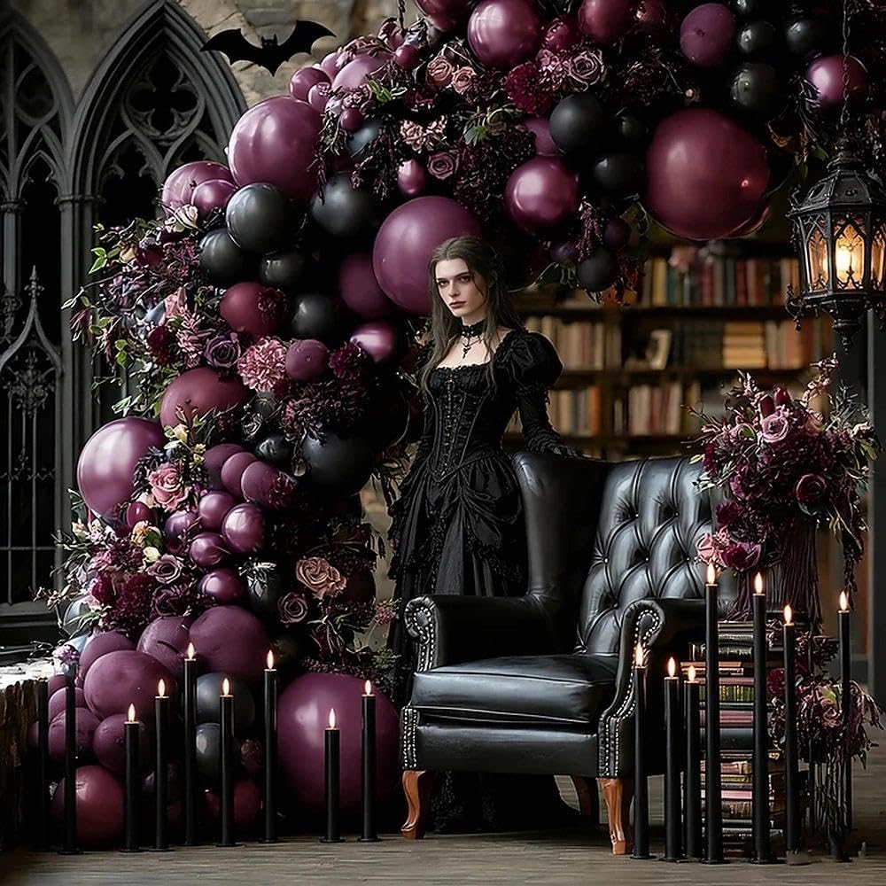 Dark Purple Black Balloons Garland Double Stuffed Black Burgundy Plum Balloon Arch Kit for Gothic Birthday Bridal Shower Mother's Day Graduation Party Decorations