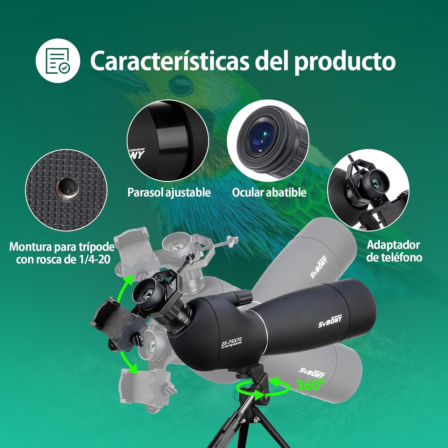 SVBONY SV28 Spotting Scopes with Tripod, 25-75x70 Spotting Scope with Phone Adapter, IP65 Waterproof Fogproof Spotter Scope for Target Shooting, Bird Watching - Image 8