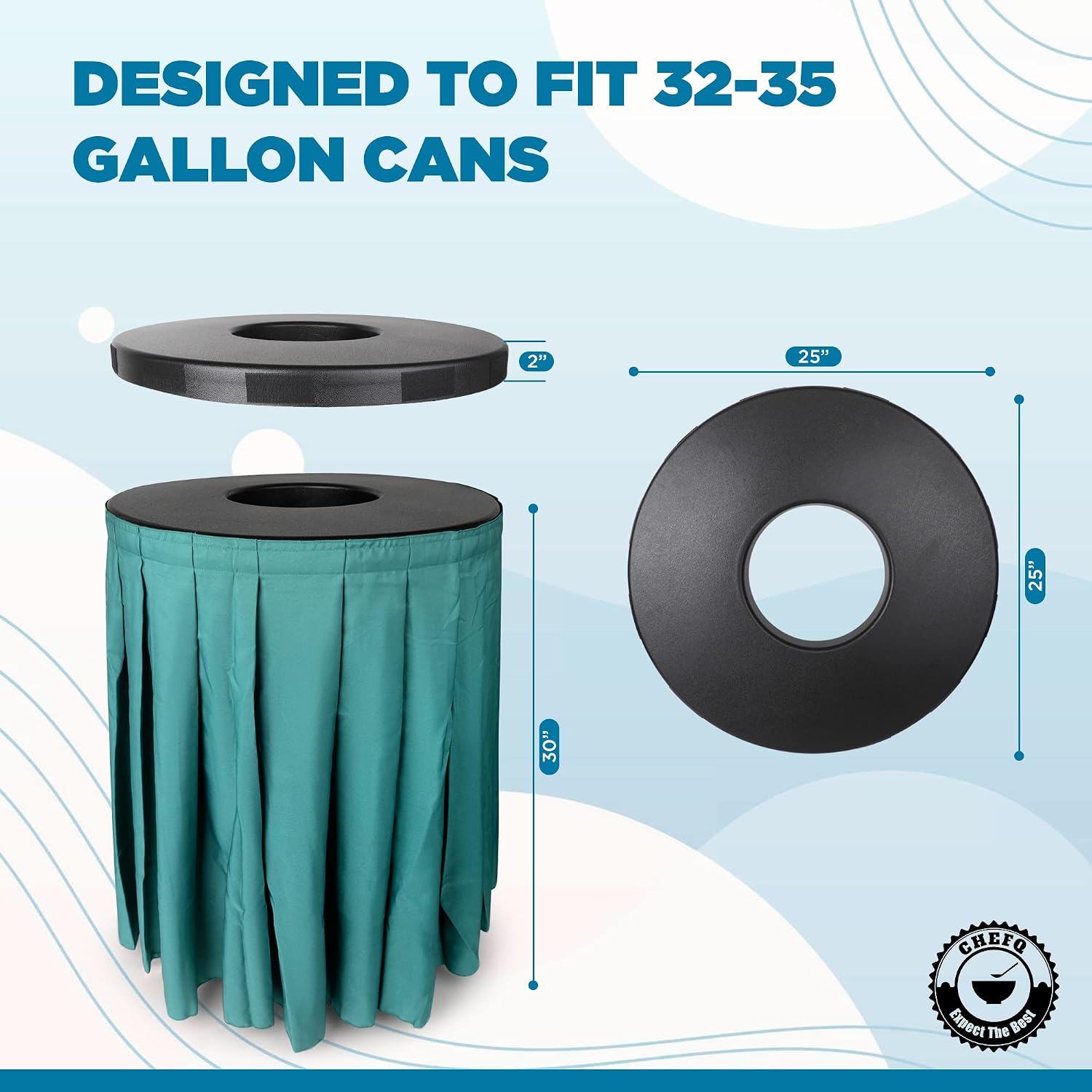 32-Gal Black Top Black Skirt for 32-35 Gallon Indoor Garbage Cans, Solid Pleated Skirt Topper, Ideal for Birthday Parties, Events, Residential Use