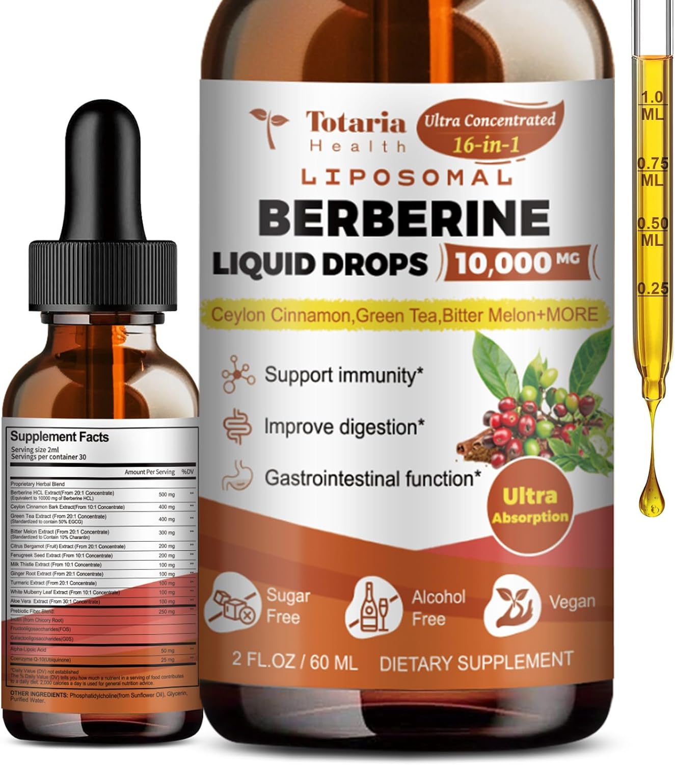 Totaria Berberine Supplement - Berberine HCL Digestion Support Increase GLP-1 Levels, AMPK Activator with Ceylon Cinnamon, Green Tea, Bitter Melon, Citrus Bergamot - 2 Fl Oz