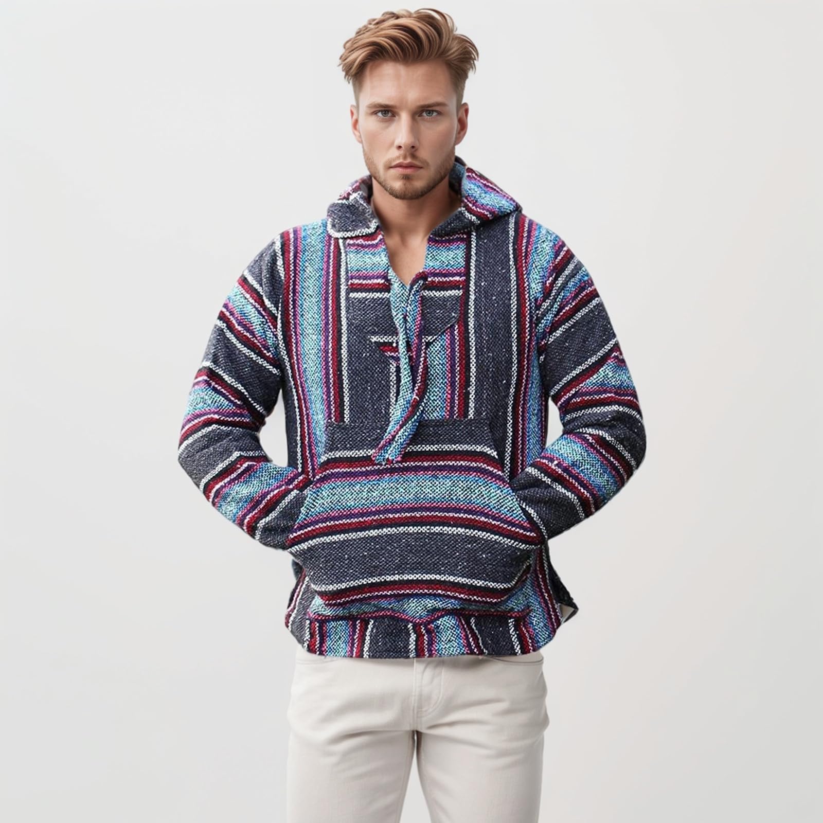 Mexikanischer Hoodie Herren Kapuzenpullover Gestreifter Stilvoll Freizeitpullover mit Kängurutasche Hoody Männer für Alltag & Outdoor