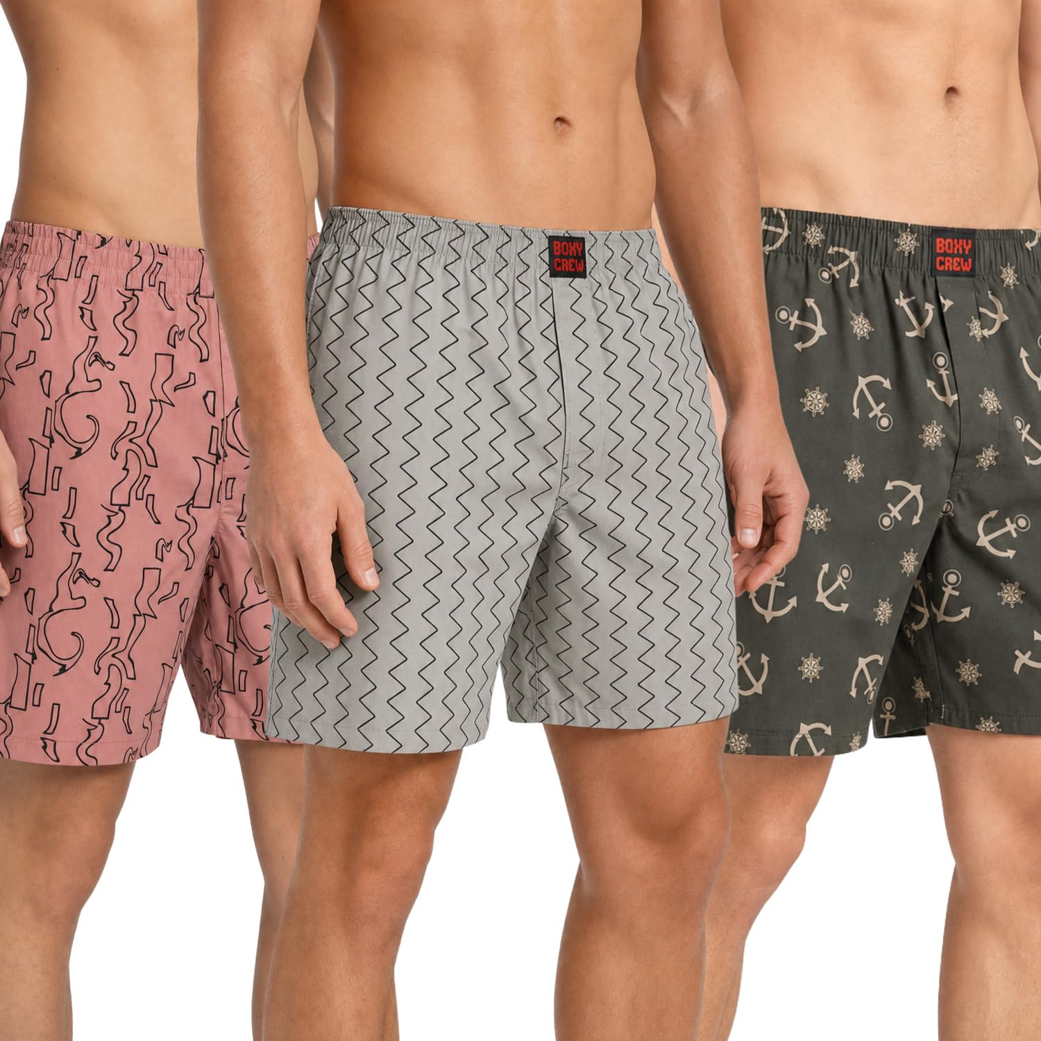 Men's 100% Cotton Printed Boxer Shorts Pack of 3 with Dual Side Pockets and Fabric-Covered Waistband - Brick/Grey/Olive, Styles MBX017, MBX018, MBX020-picture-37