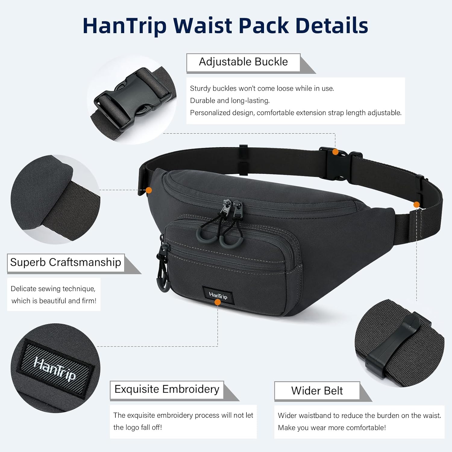 HanTrip Fanny Packs for Women Men, Large Travel Fanny Pack Lightweight Crossbody Waist Bag Large Capacity, Water Resistant Belt Bags with Adjustable Strap for Hiking, Cycling (Dark Gray)