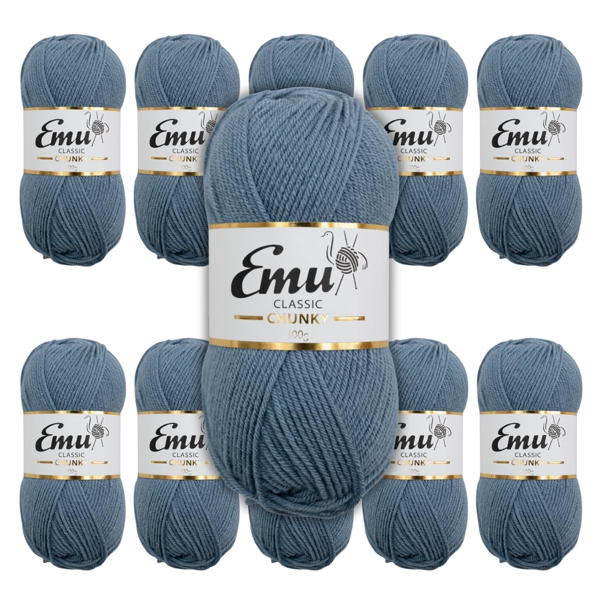 Emu Classic Chunky Acrylic Yarn 100g Balls 164m, Pack of 10, Denim - 159