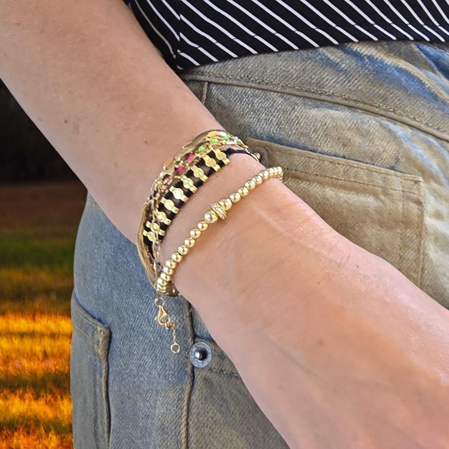 Anela 14kt Gold-Filled 4mm Beaded Bracelet with Cubic Zirconia Roundel Pendant – Stretch Fit, Tarnish-Free, Elegant Gift for Women