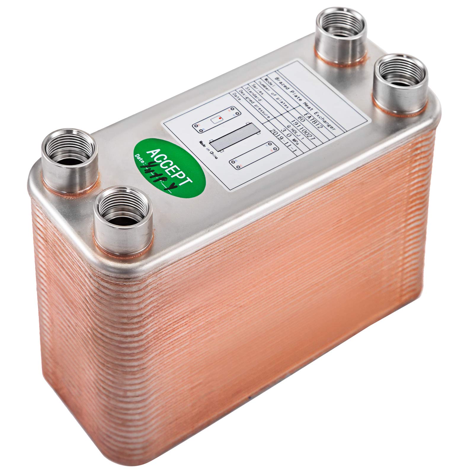 BestEquip Plattenwärmetauscher Edelstahl B12-60,Wärmetauscher 60, Plattenwärmetauscher 3,0 MPa, Wärmetauscher heizung, Silber