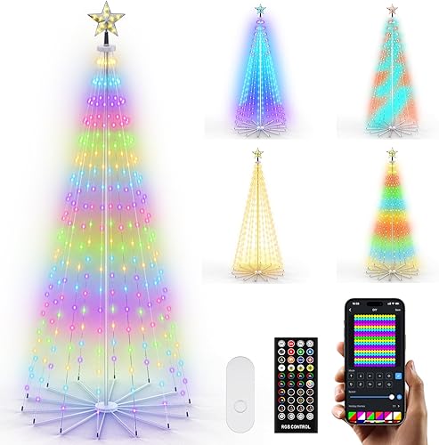 REYLAX Árbol de cono de Navidad para exteriores de 9 pies con 460 LED, luces inteligentes preiluminadas que cambian de color RGB, espectáculo de