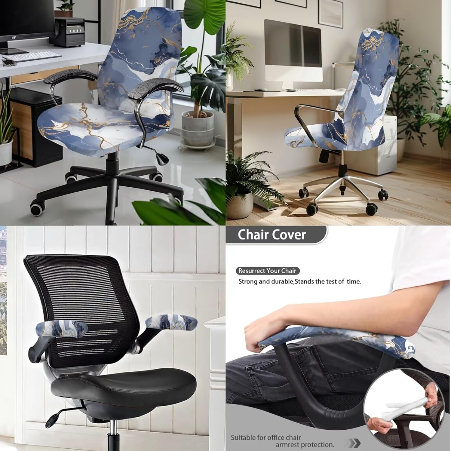 Grey Marble Print Office Chair Cover, Modern Rotating Chair Cover Washable Office Desk Chair Seat Cover with Arm Covers for Anti-Dust High Back Chair Slipcover-S