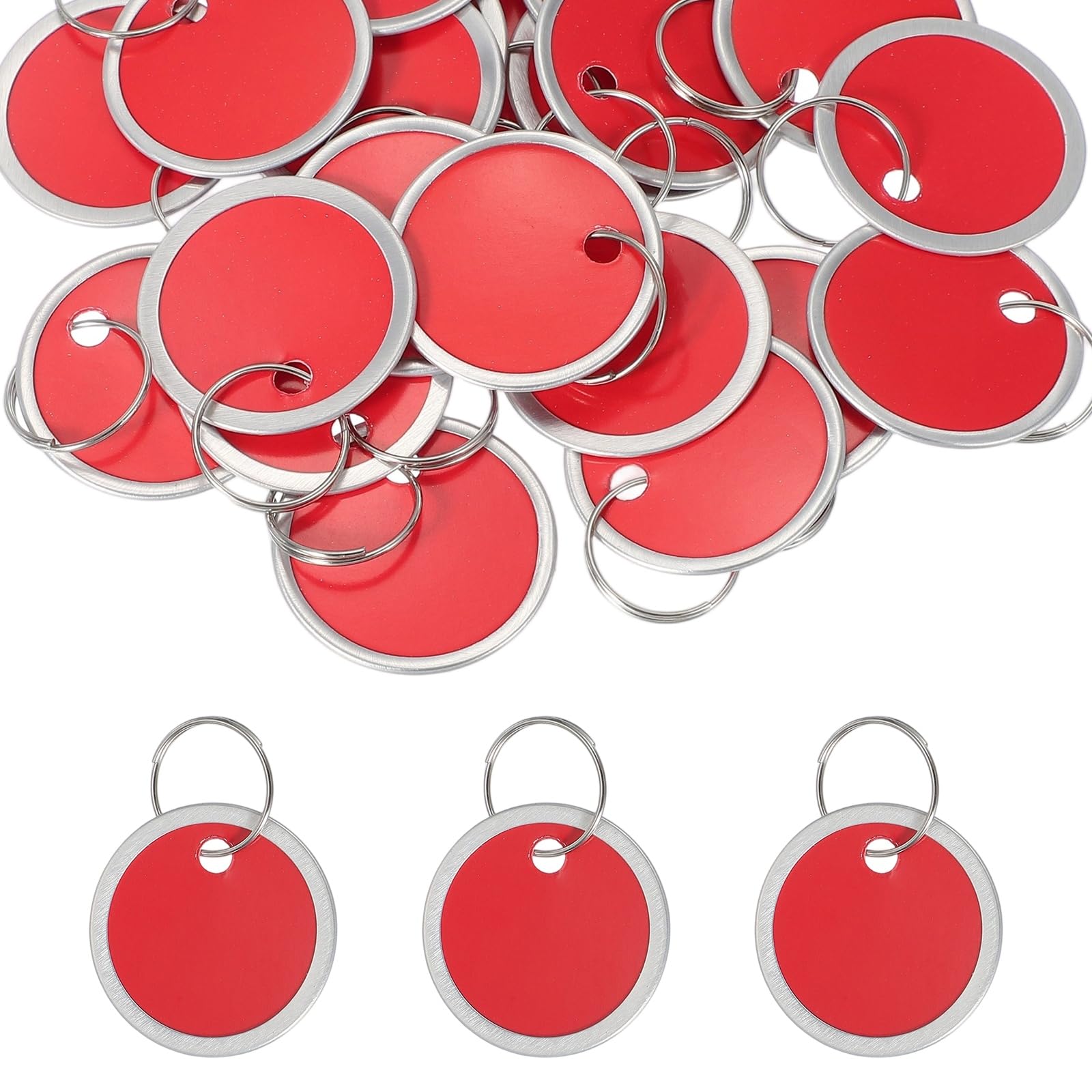 PATIKIL 3cm Metal Rim Key Tags 25 Pack Blank Round Paper Tags Bulk Writable Keychain Identifiers with Split Rings for Car Door Drawer Key Luggage Pet, Red