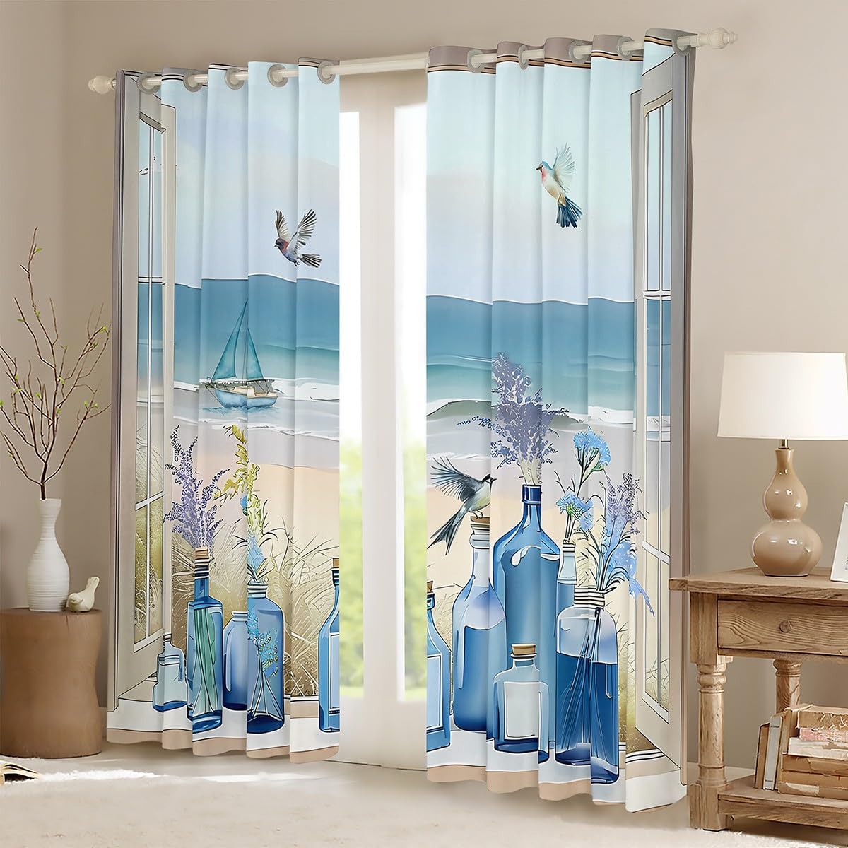 Erosebridal Beach Bottles Blackout Curtains 38" Wx45 L, 2 Panels Sea Waves Window Treatments Drapes for Bedroom for Kids Girls Women Bird Lavender Blue Purple Dreamy Lightweight Window Curtains