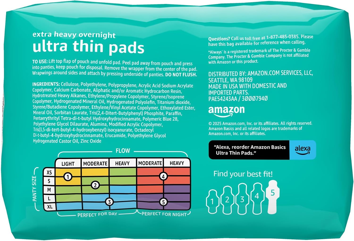 Amazon Basics Ultra Thin Pads with Flexi-Wings for Periods, Extra Heavy Overnight Absorbency, Unscented, Size 5, 24 Count, 1 Pack (Previously Solimo) image 2