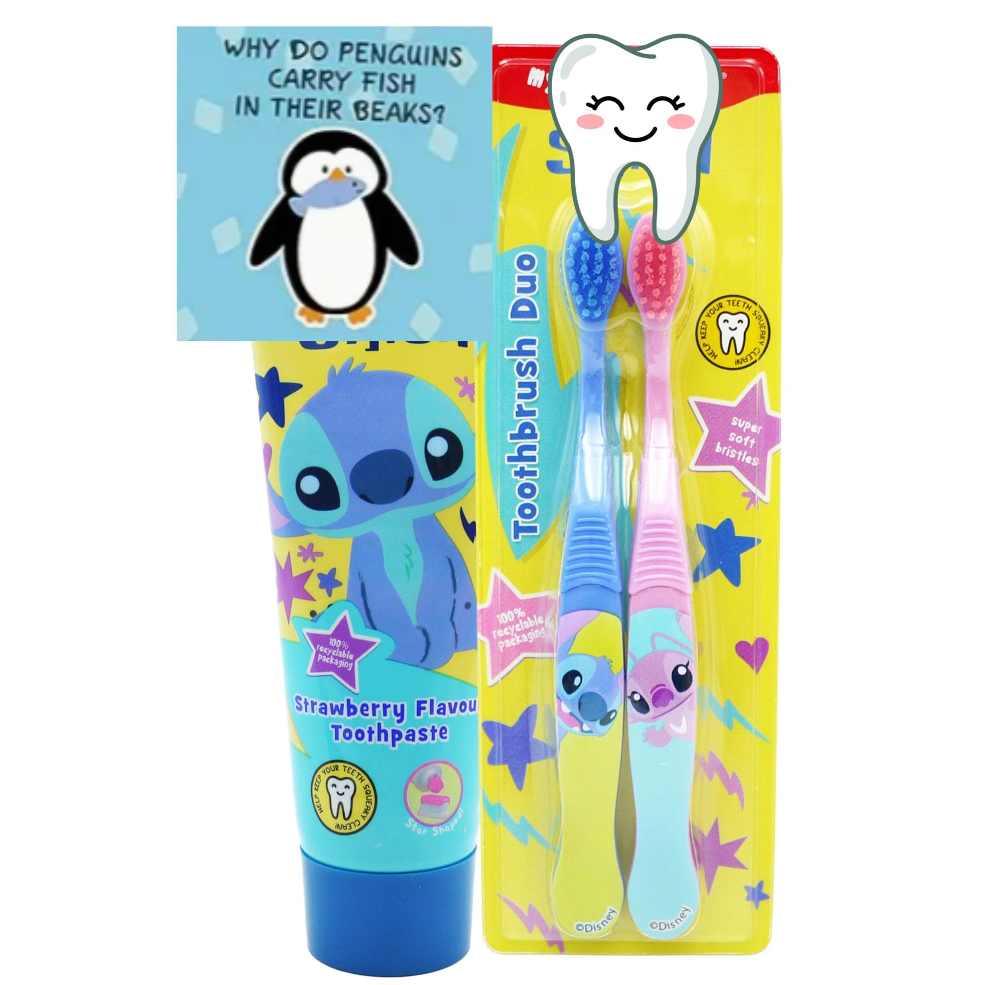 Oerich Gift - Set per la cura dentale dei bambini, con dentifricio aromatizzato alla fragola e spazzolino da denti con personaggi dei cartoni animati, con setole super morbide