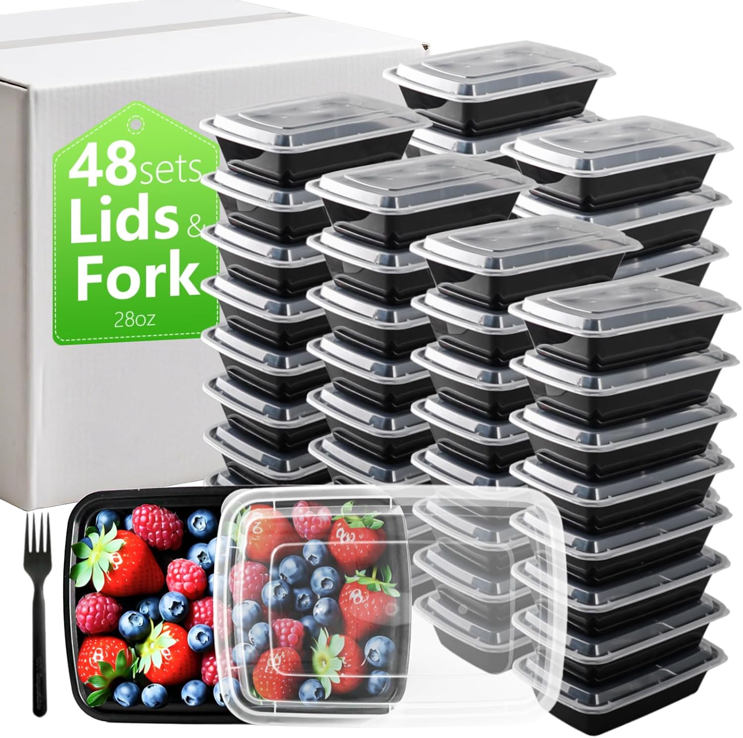 28oz Meal Prep Containers Bulk 48 Set with Forks and Lids - To Go Food Containers 1 Compartment Snack Container Reusable Food Storage Containers, Freezer Safe and Leakproof Plastic Lunch Take Out Box