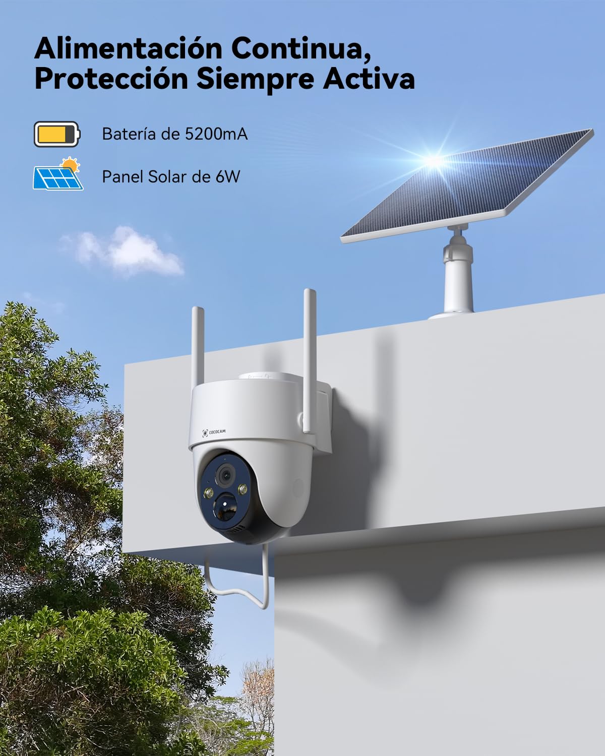 COCOCAM 4K 8MP Camara Vigilancia WiFi Exterior Solar con Panel Solar de 6W | 4K Visión Nocturna en Color, Reconocimiento por IA, Detección Humana Mediante PIR,355°P 90°T, WiFi 2.4GHz