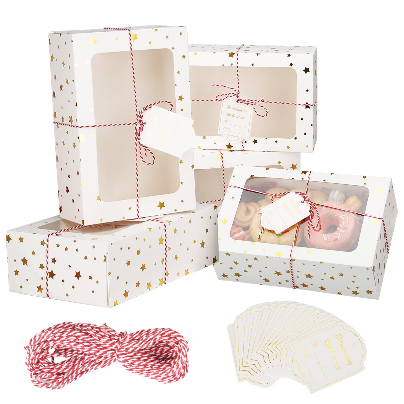 24 Sets Christmas Cookie Boxes with Window Treat and Pastry 9x6x3 Inches Gold Bakery Boxes Container for Gift Giving Christmas Chocolate Covered Strawberries,Donut,Mini Cake Packaging Boxes