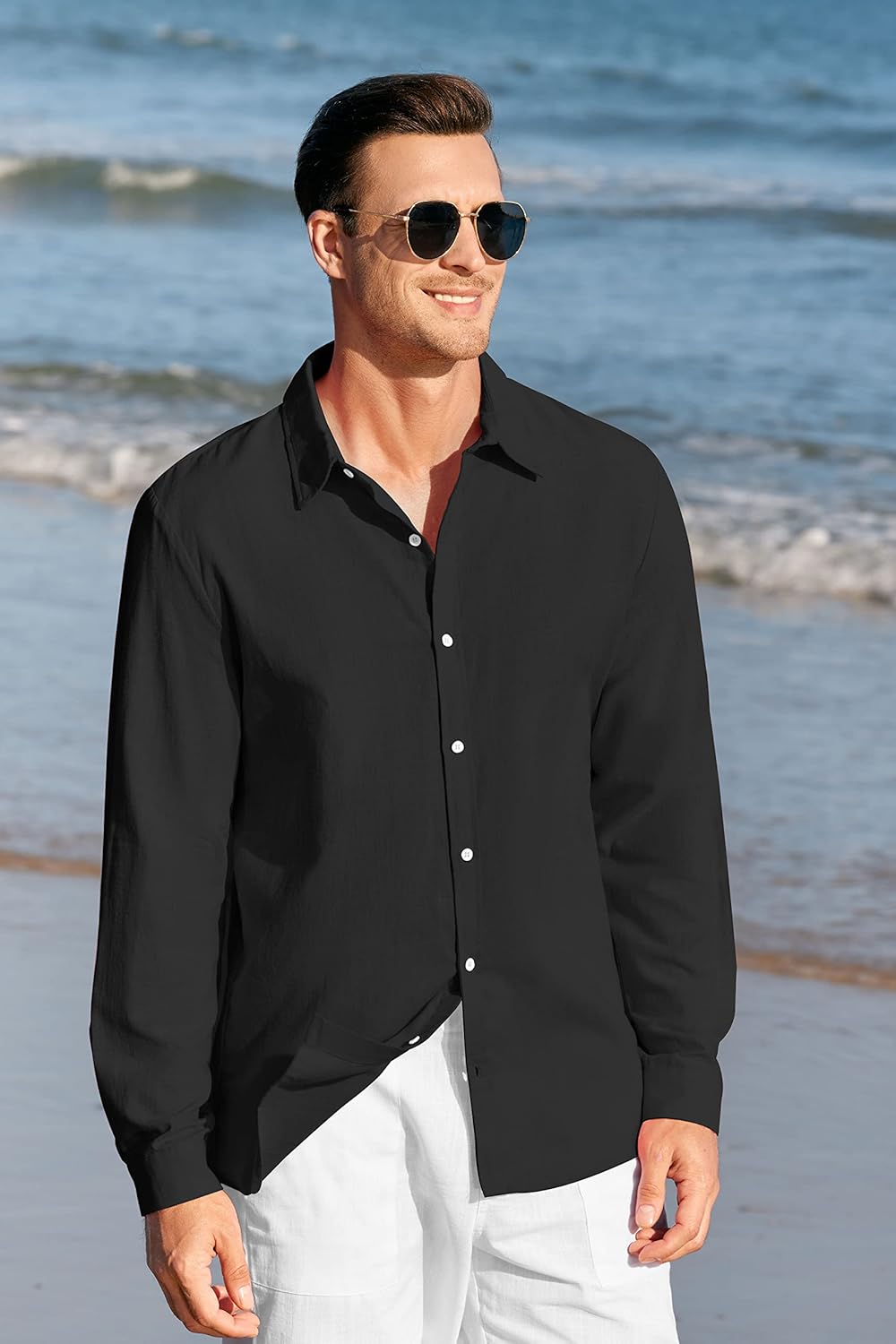 Mens Button Up Shirts Linen Beach Long Sleeve Casual Cotton Summer Lightweight Tops - Image 3