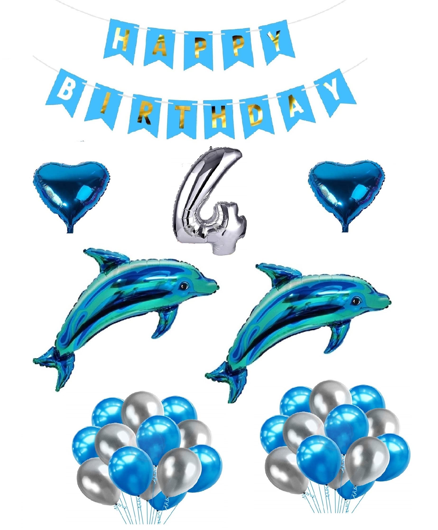 DEEPTI DECOR 2 Dolphin/Fish/Shark Foil With 30 Blue Silver Balloons, Blue Happy Birthday Banner, 2 Heart,Silver Number Foil Balloons Best For Aqua Theme,Under Water Theme Party (Pack Of 49) (4 Years)