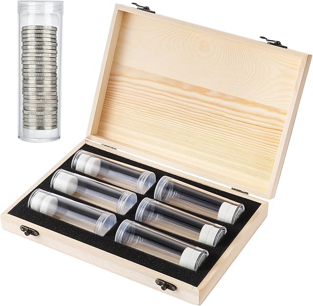 Kinsinder Coin Capsules Tube, Wooden Coin Collection Box Coin Collecting Storage Coin Holder Case with Round Coin Capsules for Coin Collectors