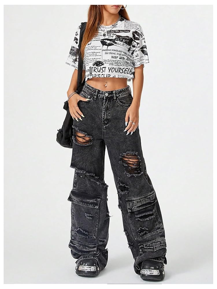 WDIRARA Women's Newspaper Print Sheer Mesh Crop Tops Drop