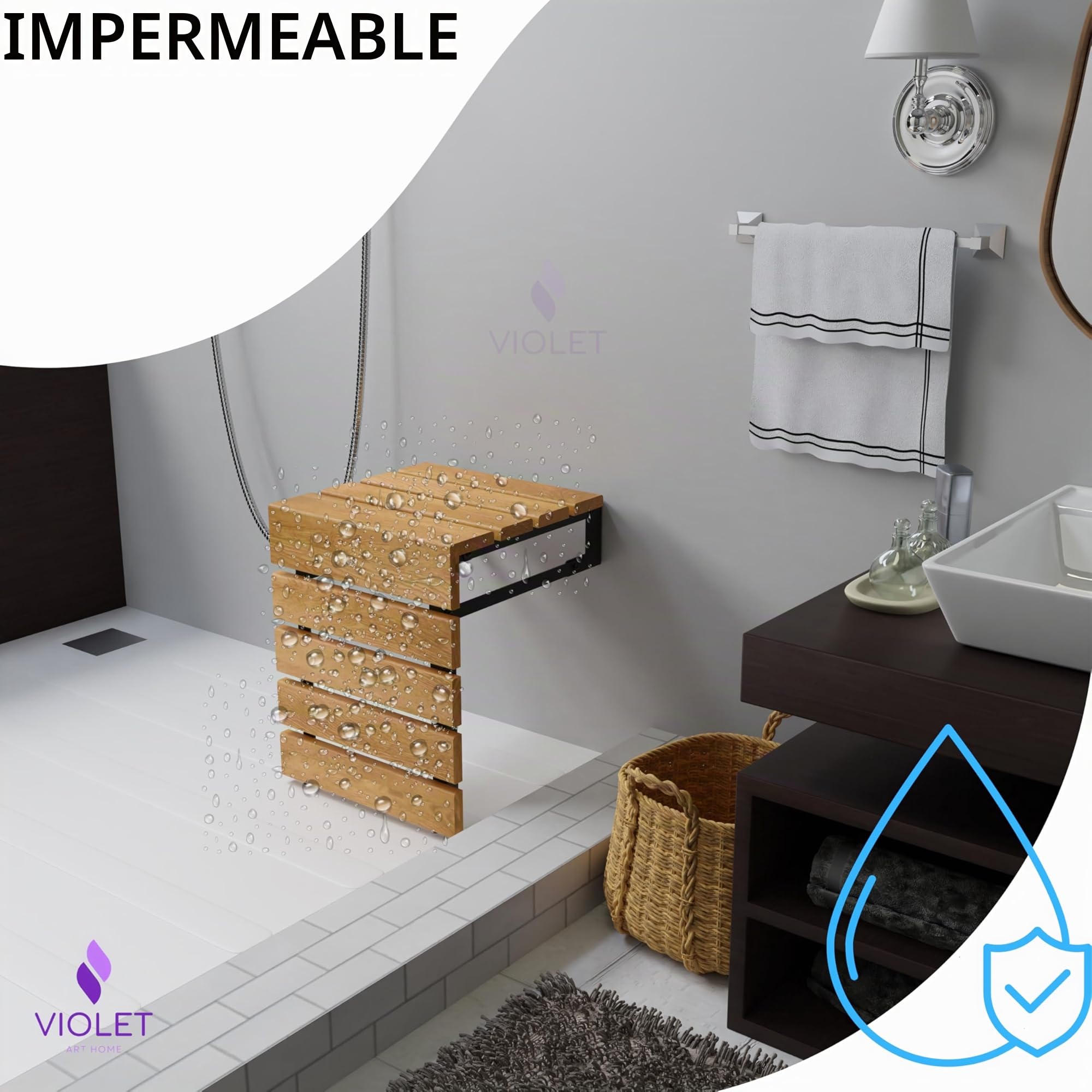 Asiento de ducha plegable de madera de teca, hecho a mano, para personas mayores, discapacitados, embarazadas discapacitadas, plegable, repelente al agua, banco para exterior (Natural)
