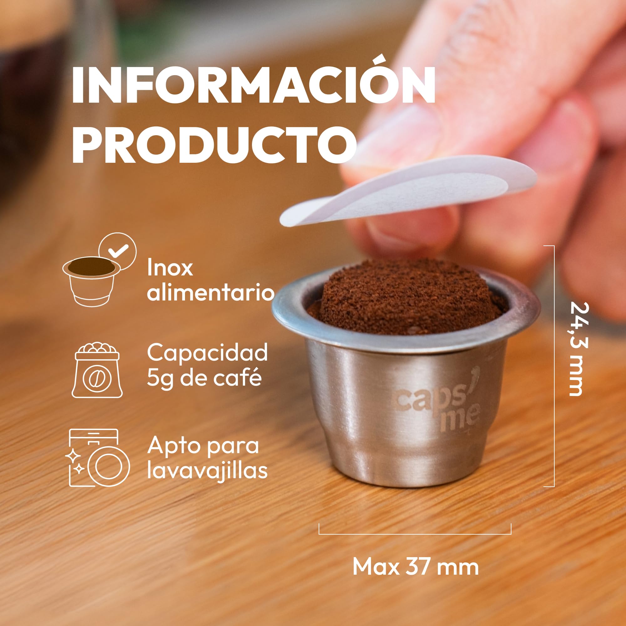 CAPS ME - Kit Completo de Cápsula Recargable para Nespresso Original (1 Agitador + 3 Cápsulas Reutilizables de Acero Inoxidable + 48 Tapas de Papel + Café Premium) - Regalo Económico y Ecológico.