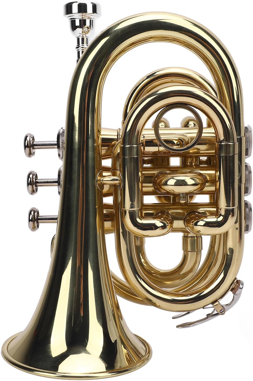 Bb Pocket Trumpet, Exquisite Brass Pocket Trumpet with Mouthpiece 7C, Cleaning Cloth, Gloves and Carrying Strap Bag, for Beginners Students, Compact Design