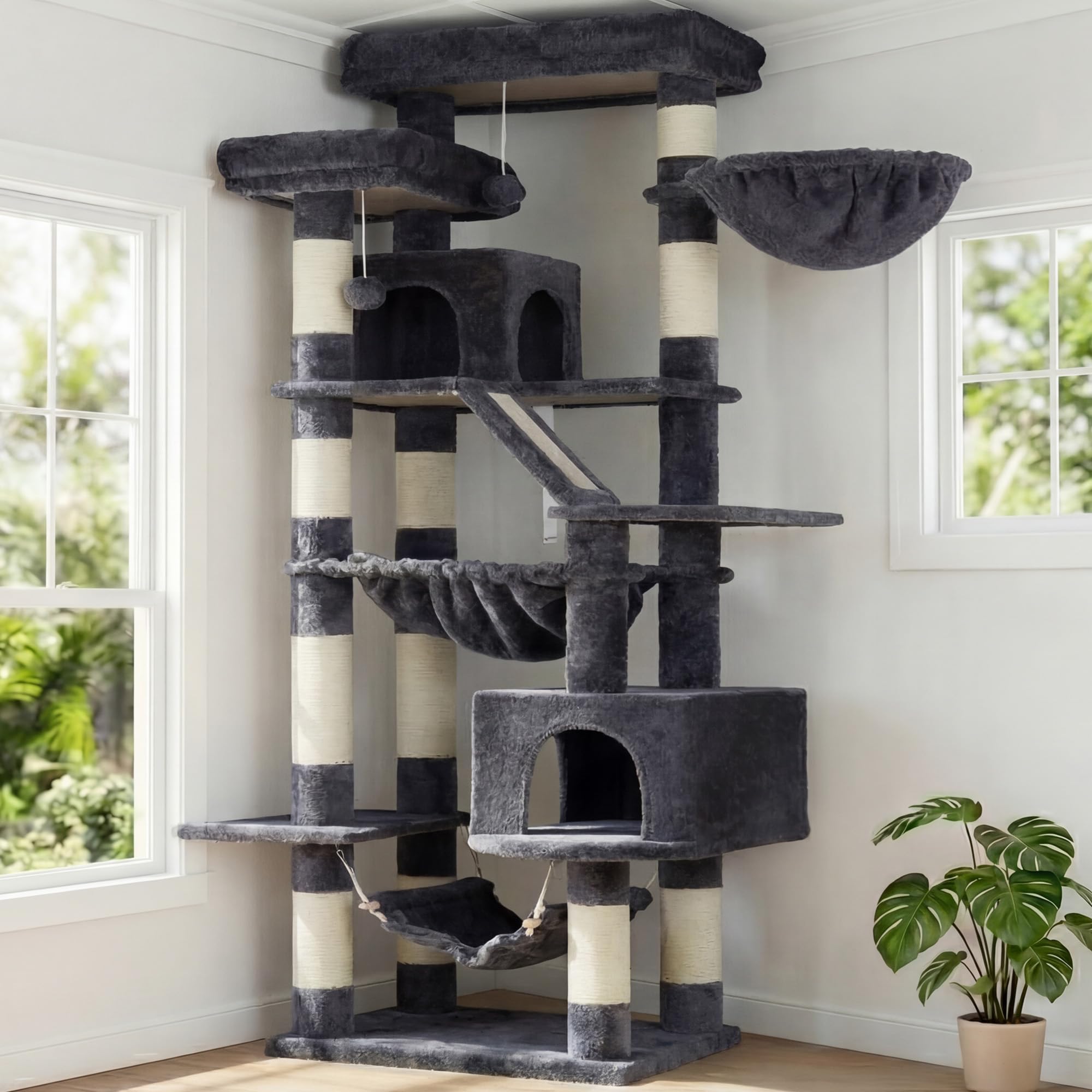 Heybly Cat Tree，71-Inch Tall Tower for Indoor Cats with 2 Perches, 2 Big Condos, 2 Hammocks, Basket, Scratching Pad，Large Cat Furniture and Condo, Smoky Gray HCT034G