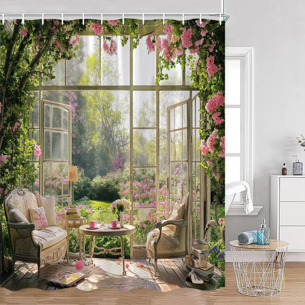 Rideaux de douche imprimés plantes vertes et fleurs 90x190 cm avec crochets de bain modernes