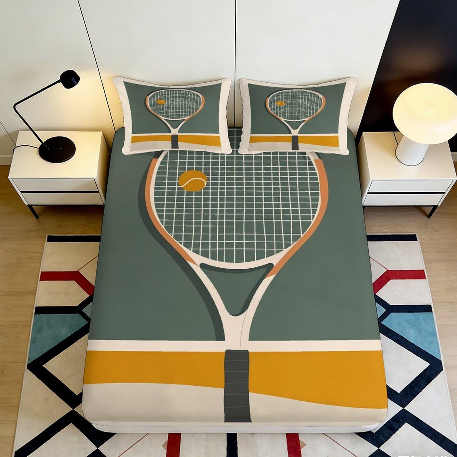 3D Printed Tennis Racket Fitted Sheet Microfiber Soft Anti-Slip Sports Ball Bed Cover for Bedroom Guest Room Dorm Decor 160x200x25cm