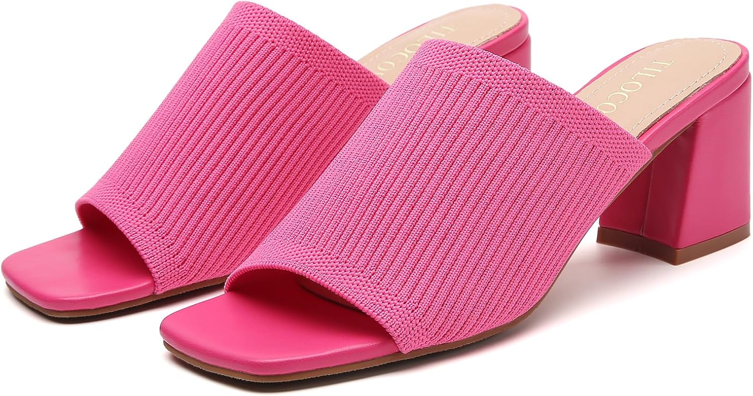 Tilocow Knit Heeled Sandals for Women, Square Open Toe Heels Sandals, Chunky Block Low Heel Slip On Mules - Image 7