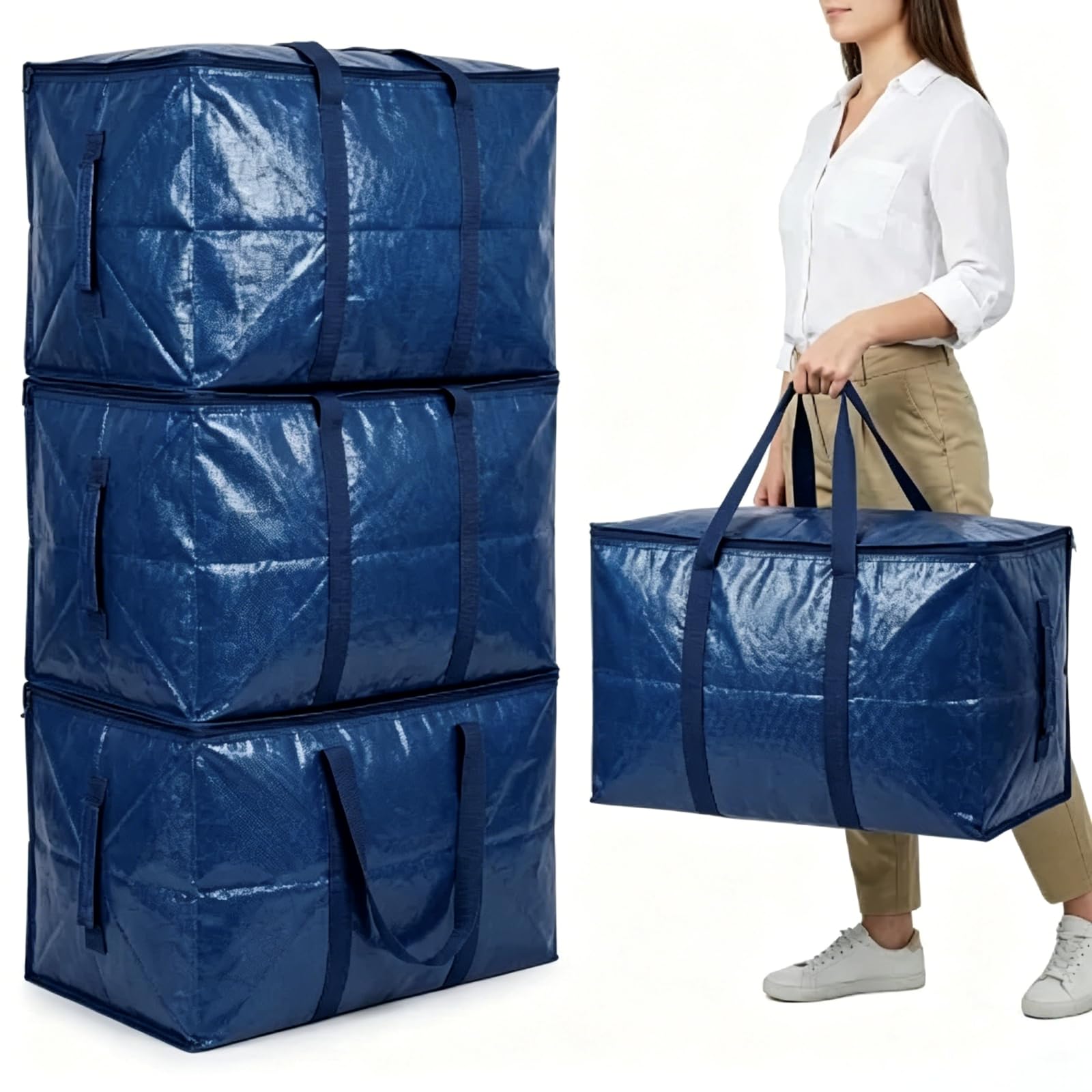 Boyfield Blue Moving Bags 90L Storage Boxes Heavy Duty Packing Boxes With Zips, Clear Moving Boxes Foldable Pp Storage Bags For Clothes, Bedding, College Dorm & Christmas Decorations
