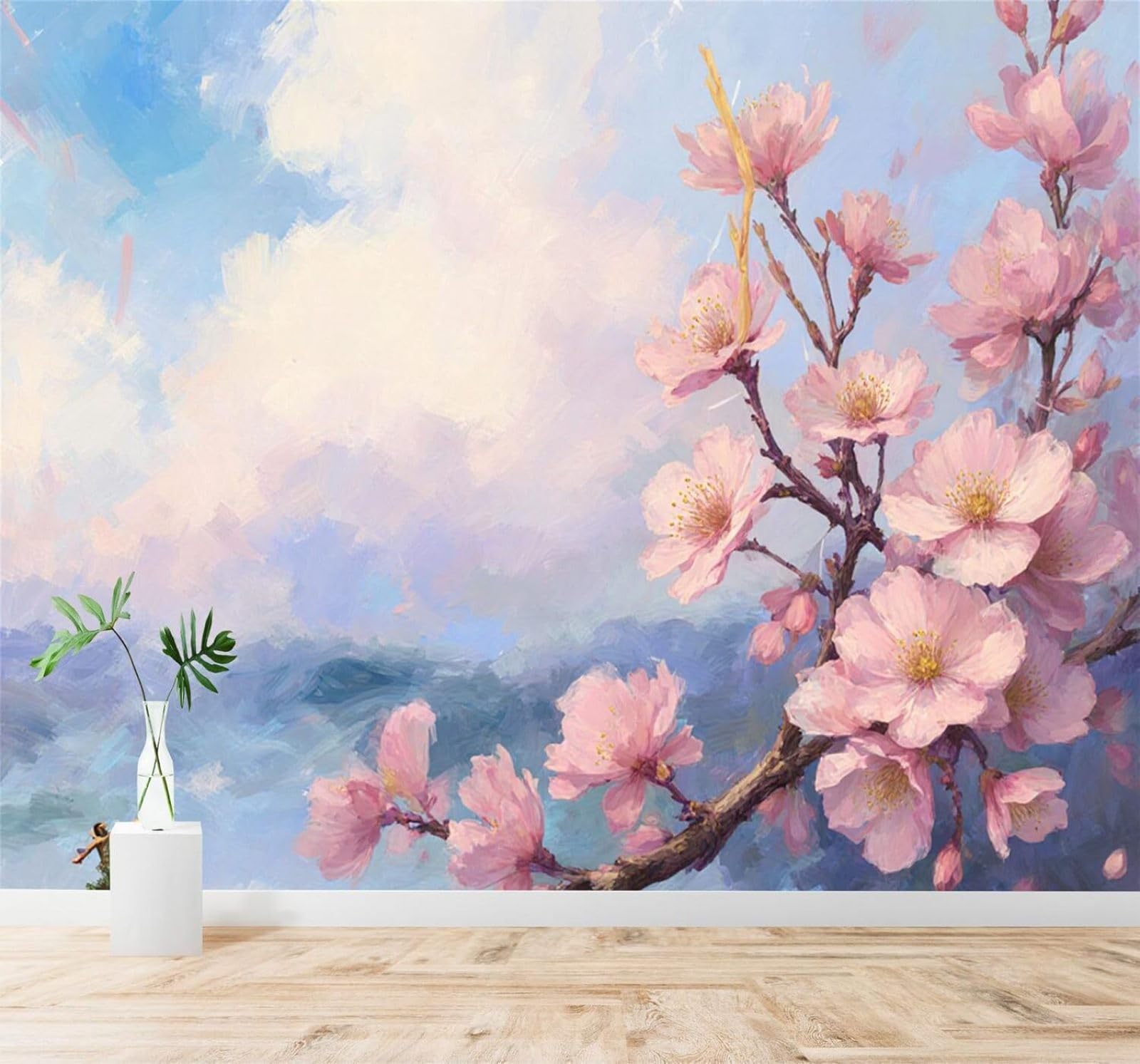 XLMING Beautiful Pink Cherry Blossoms Blue Sky and Clouds 3D Wallpaper Premium Textured Silk Study Dining Living Room Bedroom Sofa TV Wall Easy Install-250cm×170cm