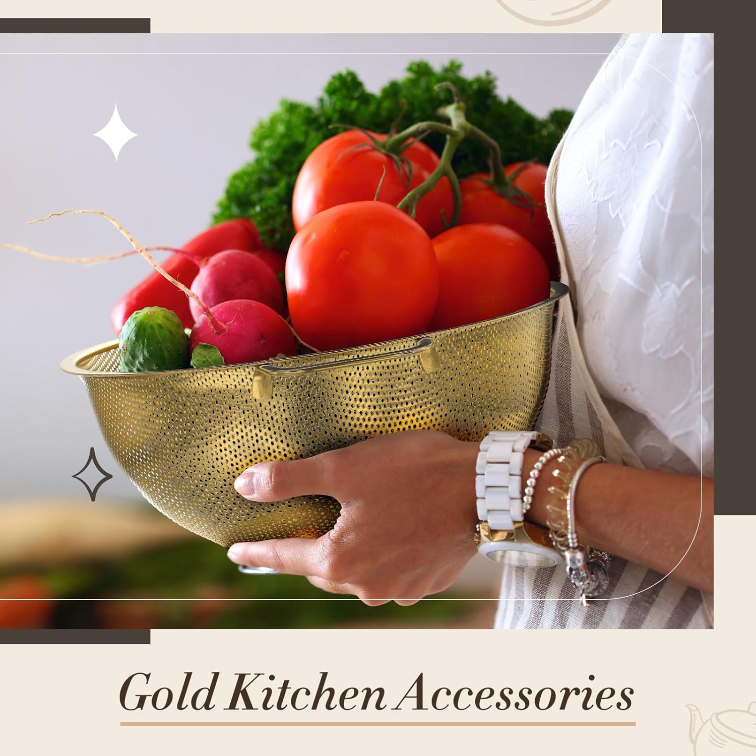 Baderke 6 Pcs Gold Kitchen Accessories Set Includes 3 Gold Mixing Bowls with Airtight Lids Stainless Steel Colander Grater Slicer and Fine Mesh Strainer(Mixing Bowls: 2.8/3.7/5 Qt, Colander: 4 Qt) - Image 4