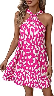 SweatyRocks Women's Sleeveless Twist Front Halter Dress Summer Graphic Print A Line Short Dresses - Buy now