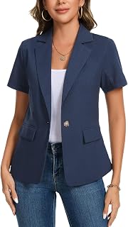 Women's Cotton Linen Blazer Jacket Short Sleeve Summer Casual Lightweight Button Lapel Blazers with Pockets