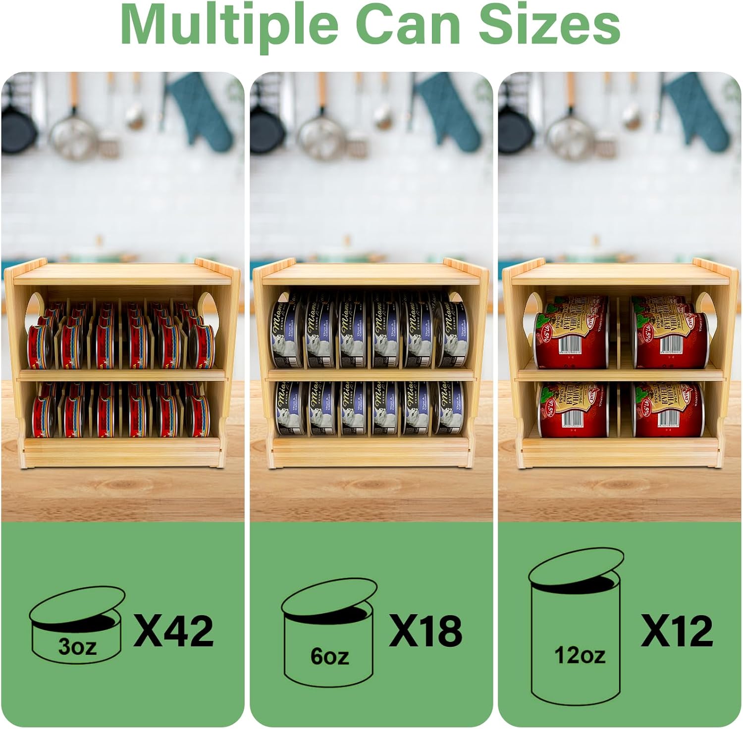 Wood Cat Can Organizer for Pantry, 2 Tier Stackable Can Storage Rack for Kitchen Counter And Cabinet Cat Food Storage Container Holds 36 (3oz) Cans FIFO Design