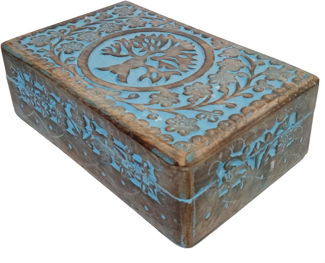 Purpledip Wooden Handcarved Box 'Tree of Life': For Jewelry, Trinkets, Cards, or Tea Bags, Vintage Blue (12235A)