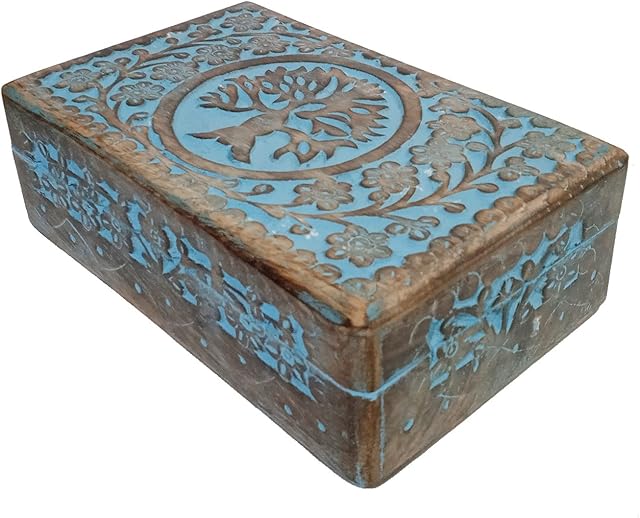 Purpledip Wooden Handcarved Box 'Tree of Life': For Jewelry, Trinkets, Cards, or Tea Bags, Vintage Blue (12235A)