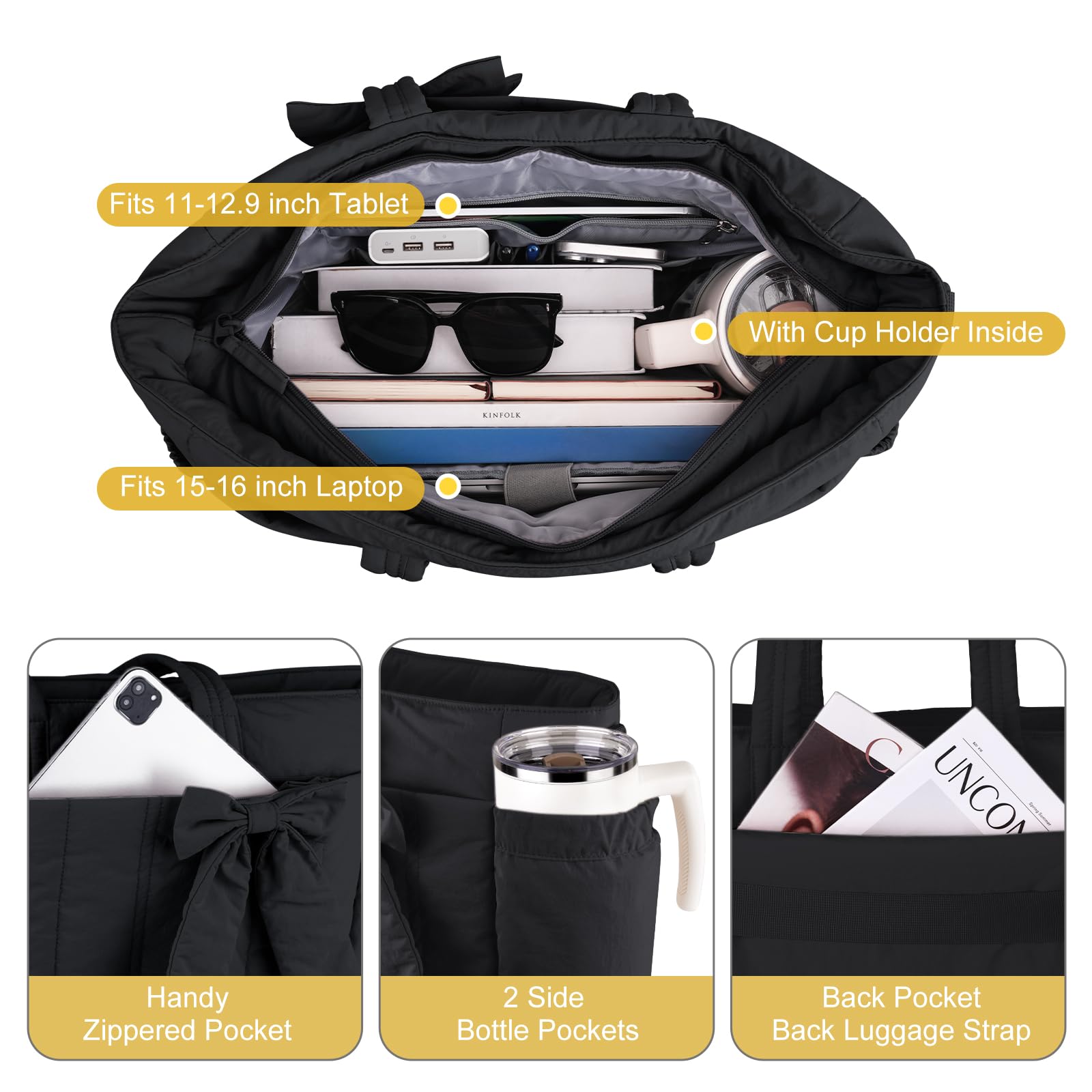 MOSISO Borsa Tracolla Fiocco Donna,15.6 pollici Borsa Tracolla Grande,Borsa Mano,Borse Shoulder per Scuola Lavoro Viaggi Palestra,Borse Shoulder Leggera con Scomparti Laptop,Fiocco&Tracolle, Nero