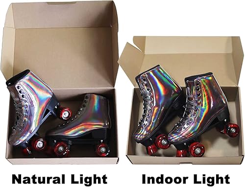 Miniatura 7 de JajaHoho Patines de ruedas para mujer, de cuero PU holográfico negro de alta calidad, patines de doble fila brillantes con cuatro ruedas para niñas