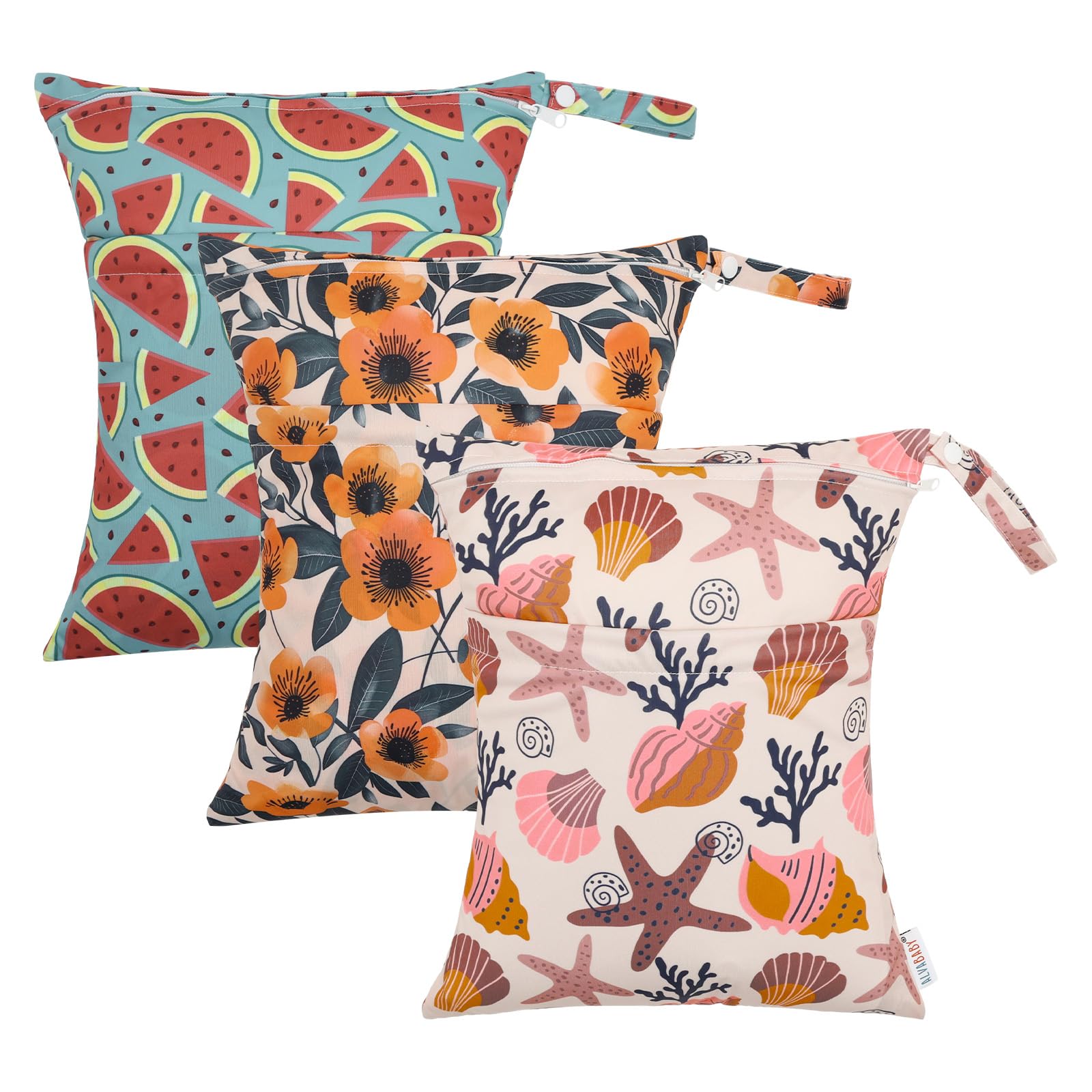 ALVABABY 3pcs Cloth Diaper Wet Dry Bags Waterproof Reusable with Two Zippered Pockets Travel Beach Pool Daycare Soiled Baby Items Yoga Gym Bag for