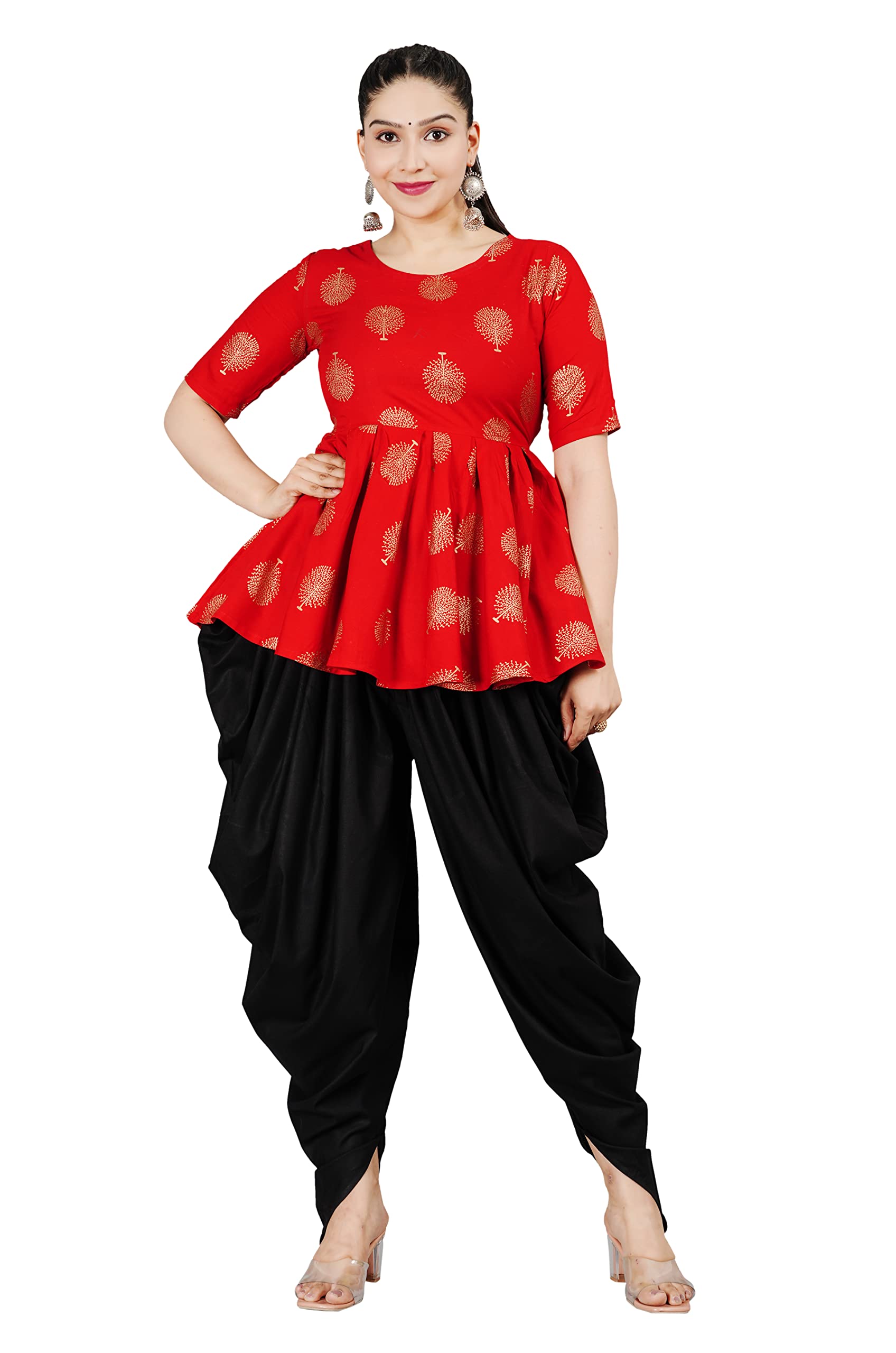 Women's Rayon Round Neck Printed Regular Fit ¾ Sleeve Tunic Tops with Traditional Dhoti Pant Patiala Salwar Bottom Wear | Ethnic Relaxed Stylish Loose Fit | Harem Pants-image-34
