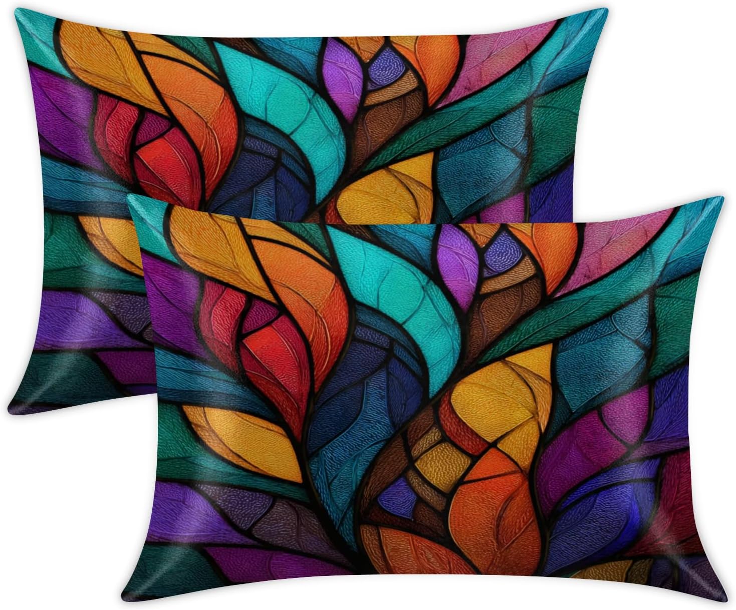 Multicolor Stained Glass Leaf Print Pillow Cases Set of 2 20"×26"