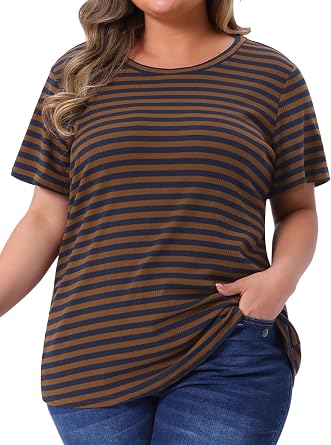 Agnes Orinda Plus Size Stripe t Shirt for Women Short Sleeve Crew Neck Rainbow Striped Top